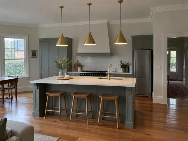 Three brass pendant lights above a kitchen island with grey cabinets and timber floors in Pymble
