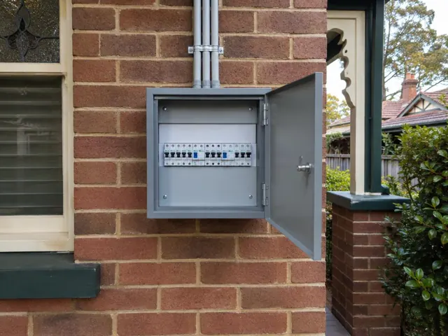 Open exterior switchboard on a brick house wall beside a window in Gordon